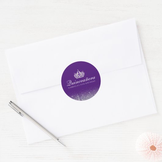 Paarse Glitter Quinceanera Ronde Sticker (Envelop)