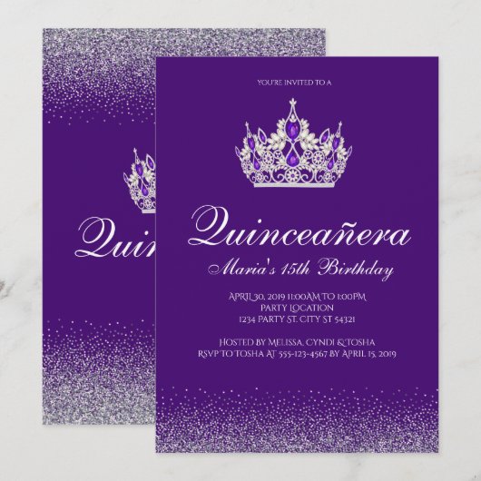 Paarse Glitter Quinceanera Uitnodigingen (Voorkant / Achterkant)