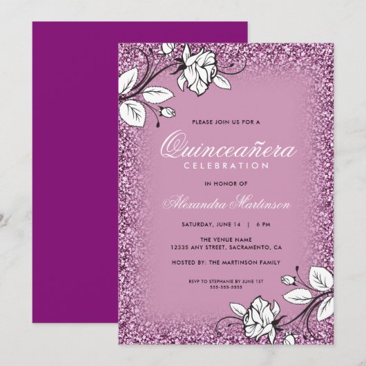 Paarse glitter quinceanera witte rozen kaart (Voorkant / Achterkant)