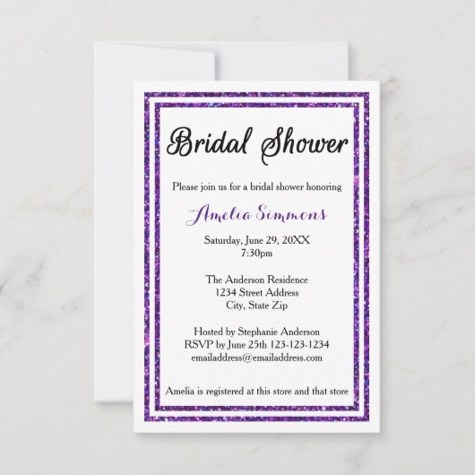 Paarse Glitter Rand - 3x5 Bruiloftsuitnodiging Kaart (Voorkant)