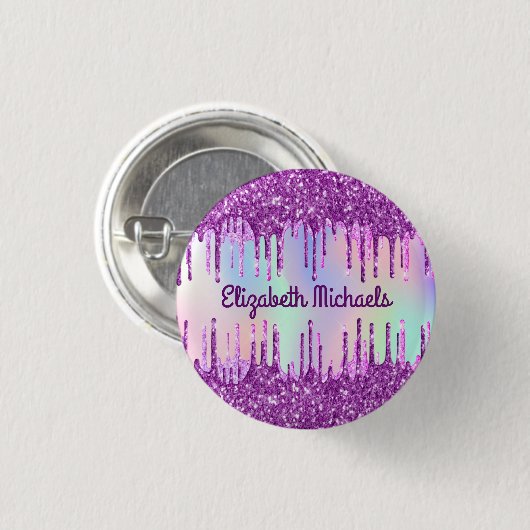 Paarse glitter roze aangepaste holografische naamt ronde button 3,2 cm (Voorkant /achterkant)