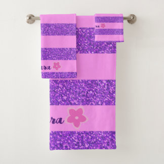 Paarse Glitter Roze Strepen & Flowers Custom Kinde Bad Handdoek