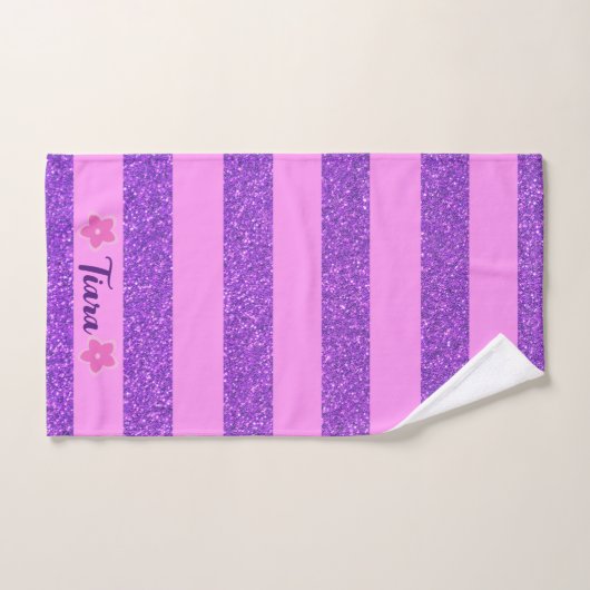 Paarse Glitter Roze Strepen & Flowers Custom Kinde Bad Handdoek (Handdoek)
