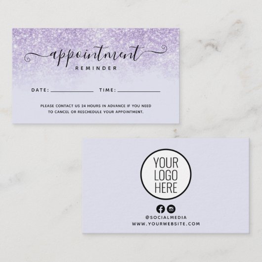 Paarse Glitter Salon Spa Benoeming Herinneringsher Visitekaartje (Voorkant / Achterkant)