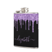 Paarse Glitter-schijven - Gepersonaliseerde zwarte Heupfles (Links)