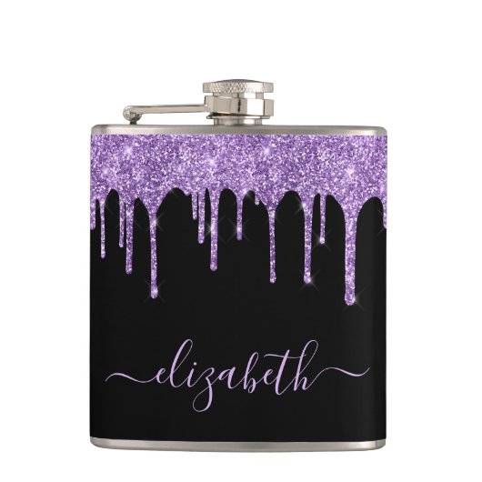 Paarse Glitter-schijven - Gepersonaliseerde zwarte Heupfles (Voorkant)