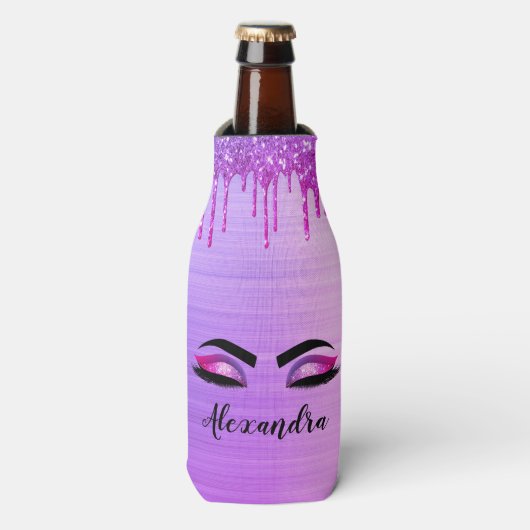 Paarse Glitter Schitter Wimpers Monogram Naam Flesjeskoeler (Fles Voorkant)