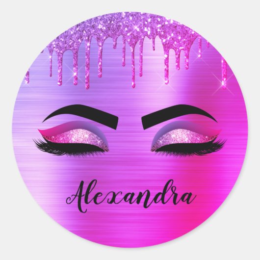 Paarse Glitter Schitter Wimpers Monogram Naam Ronde Sticker (Voorkant)