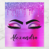 Paarse Glitter Schitter Wimpers Monogram Naam Wijn Etiket (Enkel label)