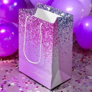 Paarse Glitter Schitterende Metaal Monogram Naam Medium Cadeauzakje