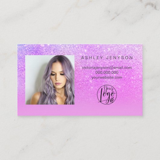 Paarse glitter script foto logo dank u visitekaartje (Achterkant)