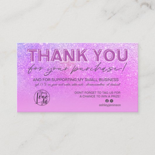 Paarse glitter script foto logo dank u visitekaartje (Voorkant)