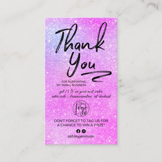 Paarse glitter script foto logo orde dank u visitekaartje (Voorkant)