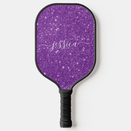 Paarse glitter scriptnaam pickleball paddle (Voorkant)
