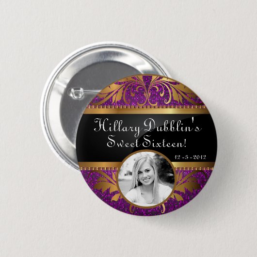 Paarse Glitter Sequin Disco Glitz Foto Button (Voorkant /achterkant)