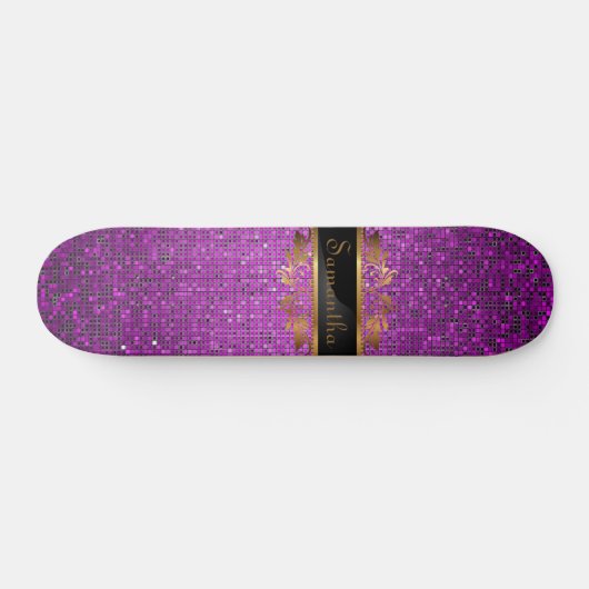 Paarse Glitter Sequin Disco Old School Skateboard (Horizontaal)