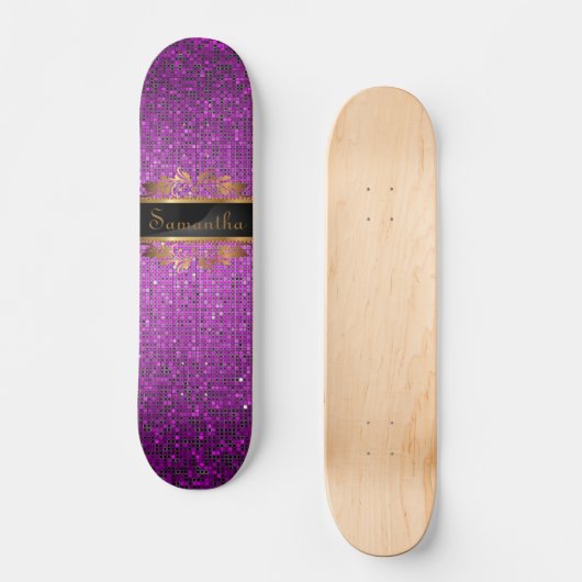 Paarse Glitter Sequin Disco Old School Skateboard (Voorkant)