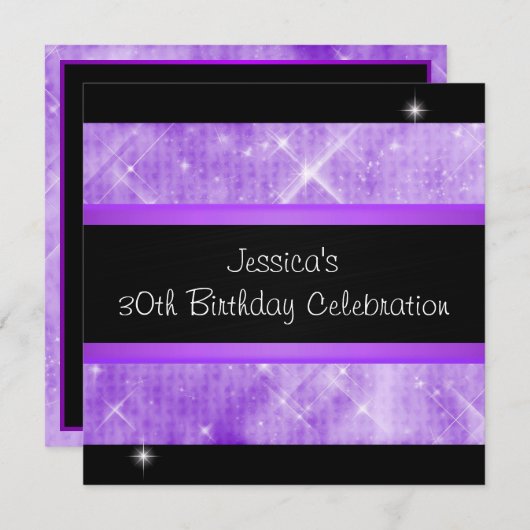 Paarse Glitter Silver Lights Black 30th Birthday Kaart (Voorkant / Achterkant)