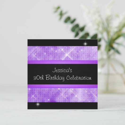 Paarse Glitter Silver Lights Black 30th Birthday Kaart (Staand voorkant)