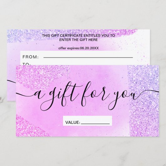 Paarse glitter sparkeert roze cadeaubon (Voorkant / Achterkant)