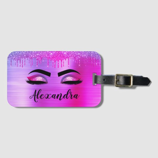 Paarse Glitter Sparkle Eyelashes Monogram Naam Bagagelabel (Voorkant (horizontaal))