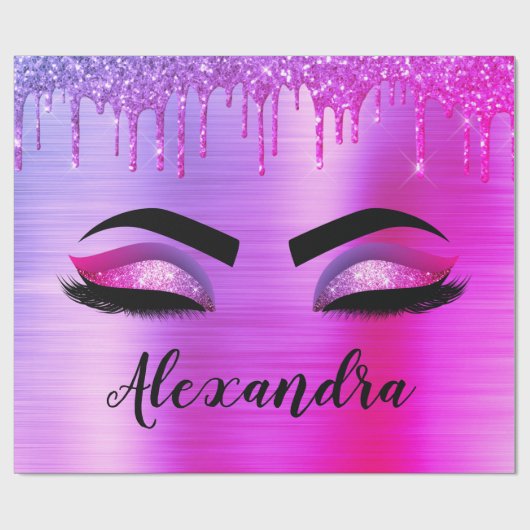 Paarse Glitter Sparkle Eyelashes Monogram Naam Cadeaupapier (Vlak)