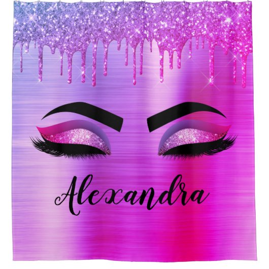 Paarse Glitter Sparkle Eyelashes Monogram Naam Douchegordijn (Voorkant)