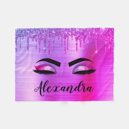 Paarse Glitter Sparkle Eyelashes Monogram Naam Fleece Deken (Voorkant (Horizontaal))
