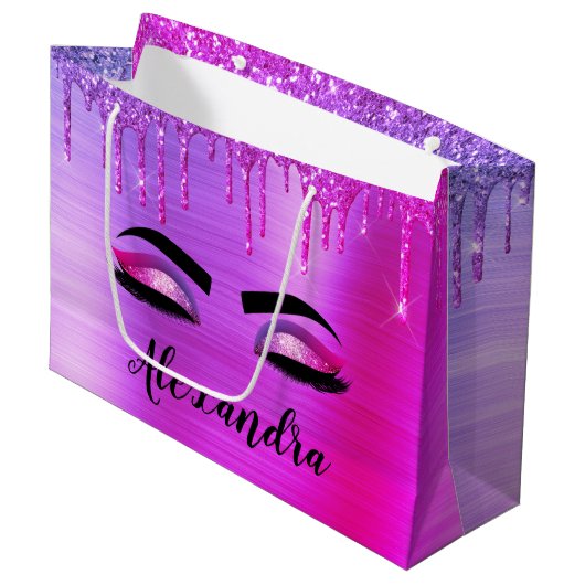 Paarse Glitter Sparkle Eyelashes Monogram Naam Groot Cadeauzakje (Voorkant Gekanteld)