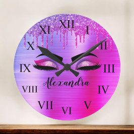 Paarse Glitter Sparkle Eyelashes Monogram Naam Grote Klok