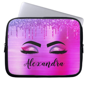 Paarse Glitter Sparkle Eyelashes Monogram Naam Laptop Sleeve