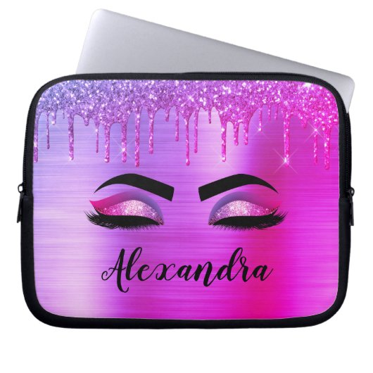 Paarse Glitter Sparkle Eyelashes Monogram Naam Laptop Sleeve (Voorkant)