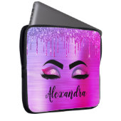 Paarse Glitter Sparkle Eyelashes Monogram Naam Laptop Sleeve (Voorkant Rechts)