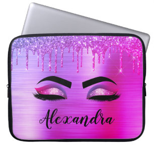 Paarse Glitter Sparkle Eyelashes Monogram Naam Laptop Sleeve