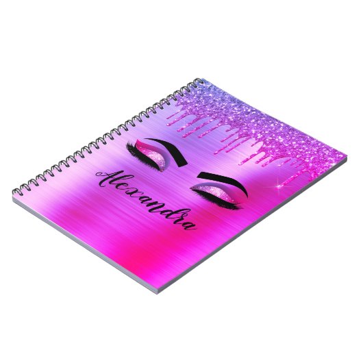 Paarse Glitter Sparkle Eyelashes Monogram Naam Notitieboek (Linkerzijde)