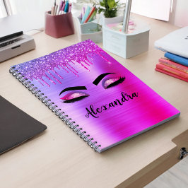 Paarse Glitter Sparkle Eyelashes Monogram Naam Notitieboek