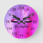 Paarse Glitter Sparkle Eyelashes Monogram Naam Ronde Klok (Voorkant)