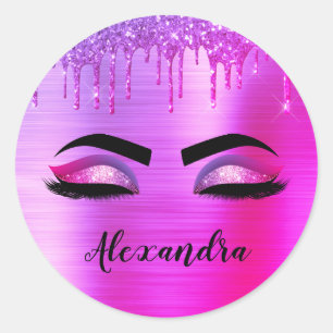 Paarse Glitter Sparkle Eyelashes Monogram Naam Ronde Sticker