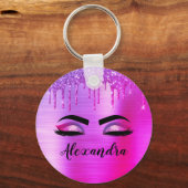 Paarse Glitter Sparkle Eyelashes Monogram Naam Sleutelhanger (Voorkant)