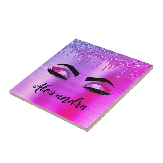 Paarse Glitter Sparkle Eyelashes Monogram Naam Tegeltje (Zijkant)