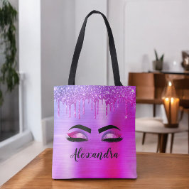 Paarse Glitter Sparkle Eyelashes Monogram Naam Tote Bag