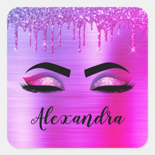 Paarse Glitter Sparkle Eyelashes Monogram Naam Vierkante Sticker (Voorkant)