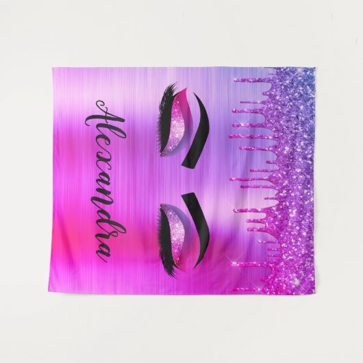 Paarse Glitter Sparkle Eyelashes Monogram Naam Wandkleed (Voorkant (horizontaal))