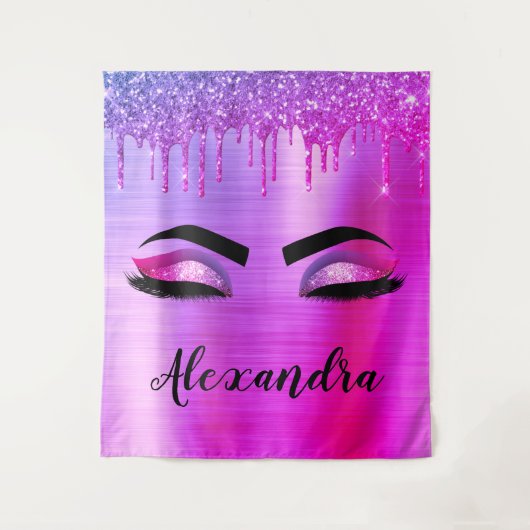 Paarse Glitter Sparkle Eyelashes Monogram Naam Wandkleed (Voorkant)