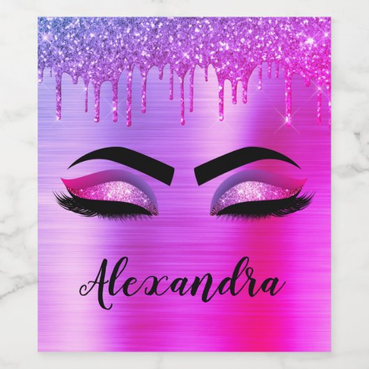 Paarse Glitter Sparkle Eyelashes Monogram Naam Wijn Etiket (Enkel label)