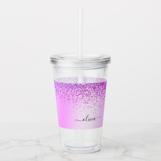 Paarse Glitter Sparkle Glam Metal Monogram Naam Acryl Drinkbeker (Voorkant)