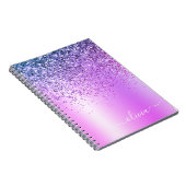 Paarse Glitter Sparkle Glam Metal Monogram Naam Notitieboek (Rechterzijde)