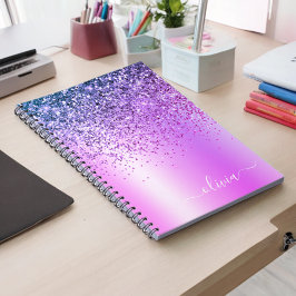 Paarse Glitter Sparkle Glam Metal Monogram Naam Notitieboek