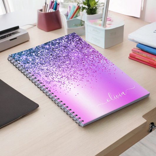 Paarse Glitter Sparkle Glam Metal Monogram Naam Notitieboek