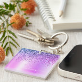 Paarse Glitter Sparkle Glam Metal Monogram Naam Sleutelhanger (Voorkant Rechts)